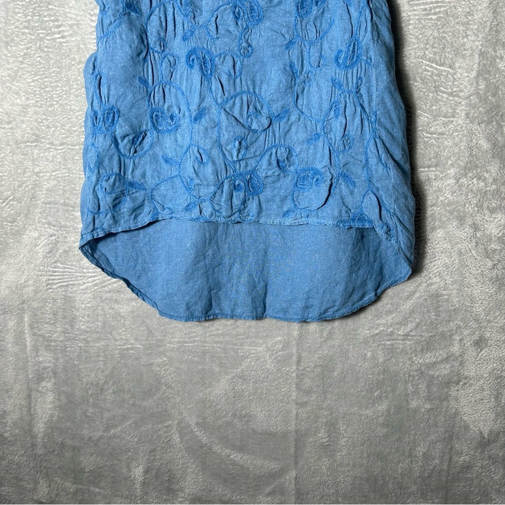 Terzo Millennio Linen Top Womens Small Blue Embroidered‎ Hi Lo Hem Tunic Italy - Picture 9 of 9